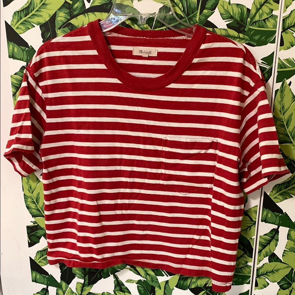 Madewell Red and White Striped Cropped Parisian Tee